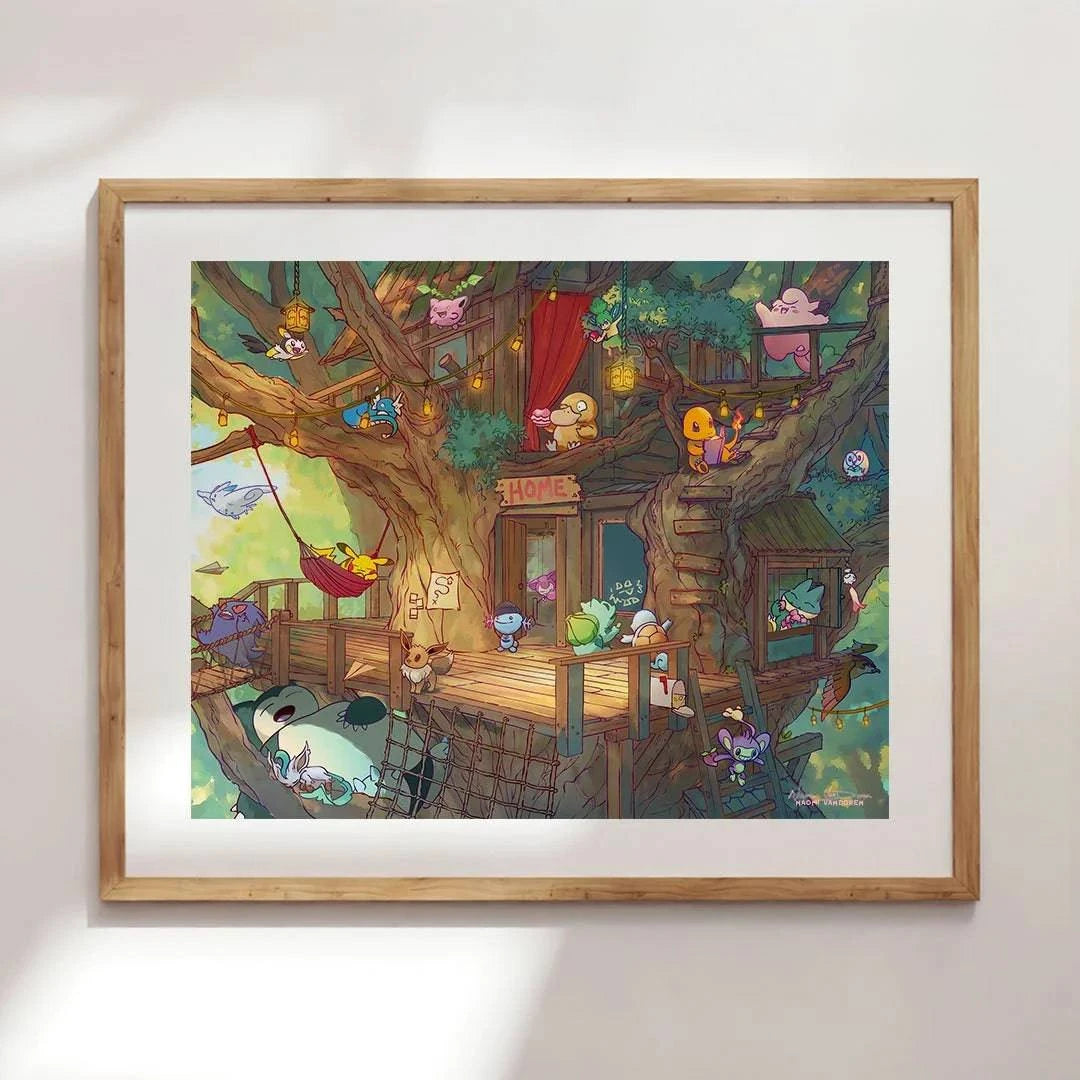 Framed Creature Collecting Treehouse art print by Naomi VanDoren featuring a whimsical treehouse scene with creatures, on bamboo paper.