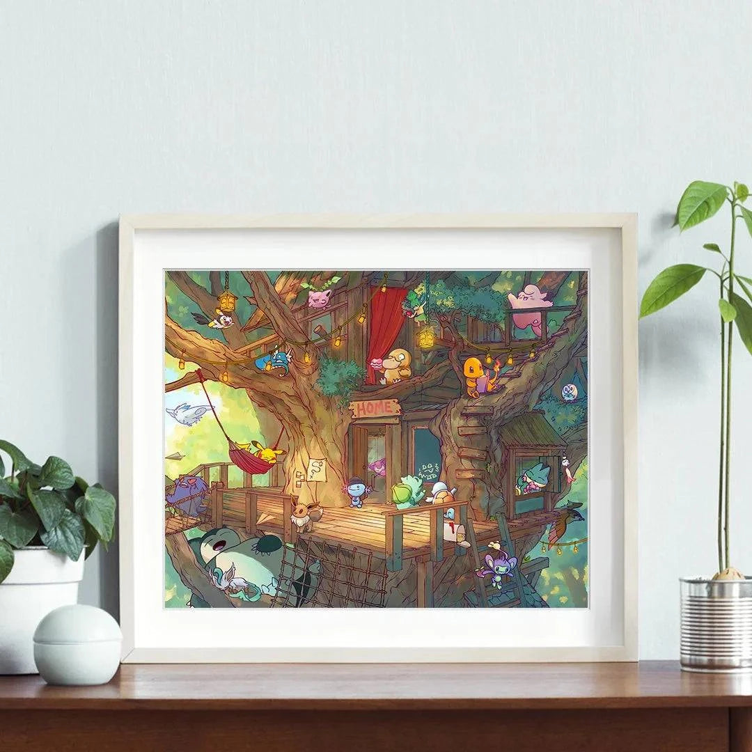 Framed art print of a creature collecting treehouse with houseplants by Naomi VanDoren, Adventure Art & Stories, featuring whimsical nature scene