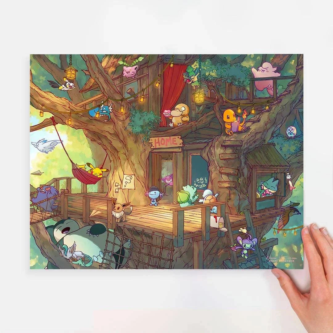 Colorful art print of a creature collecting treehouse by Naomi VanDoren, featuring whimsical woodland scene with detailed illustration.