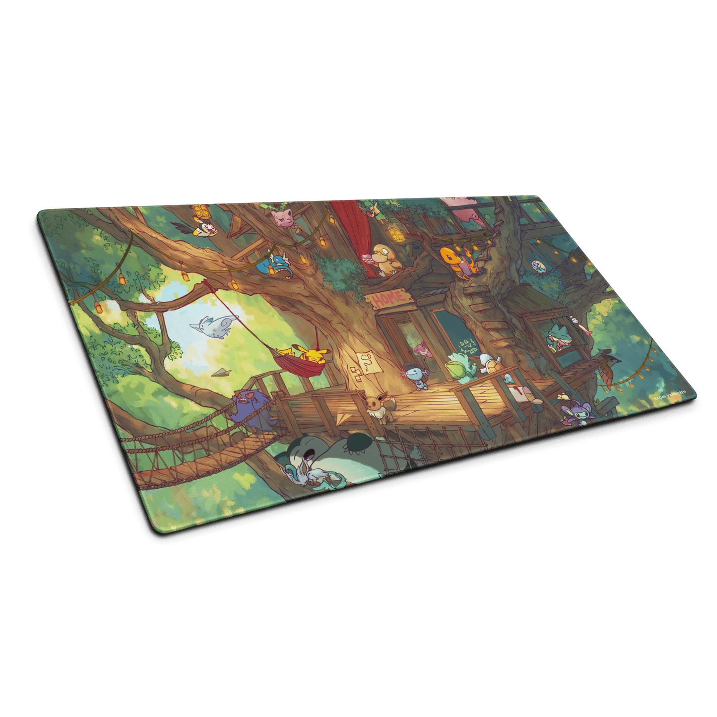 Creature Collecting Treehouse XL gaming desk mat featuring a colorful treehouse design by Naomi VanDoren.