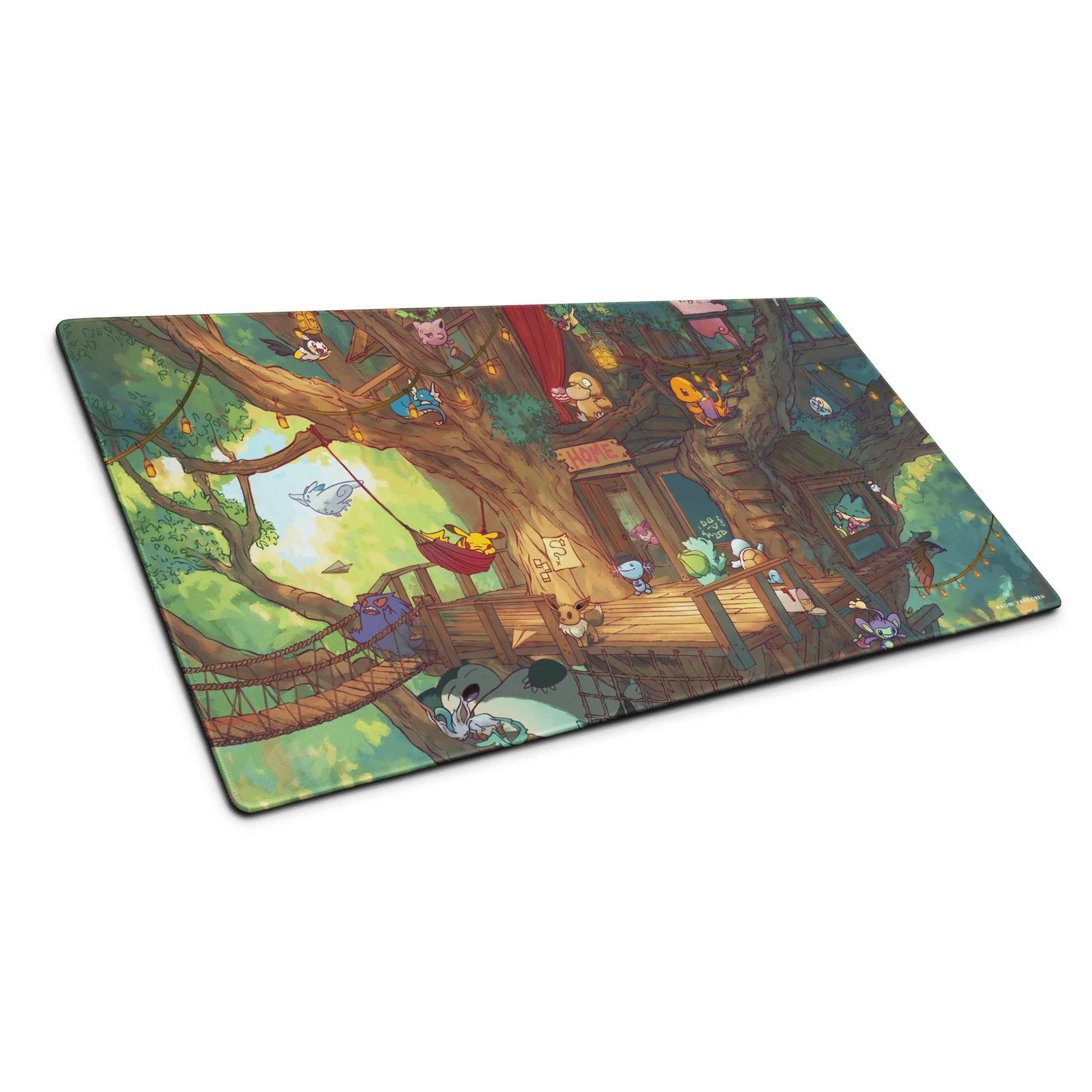 Creature Collecting Treehouse XL gaming desk mat featuring a colorful treehouse design by Naomi VanDoren.