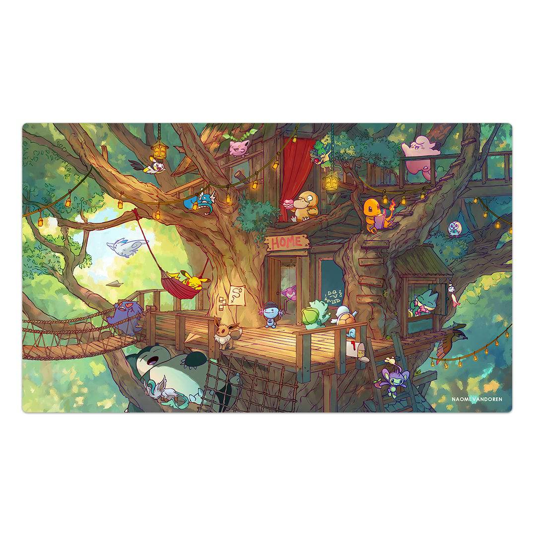 Creature Collecting Treehouse XL gaming playmat by Naomi VanDoren featuring colorful treehouse design, ideal for desk or gaming use.