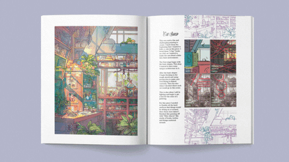 Open spread of Naomi VanDoren's Creative Spark 2023 art book, showcasing vibrant artwork, Kickstarter video thumbnail, and colorful pages.