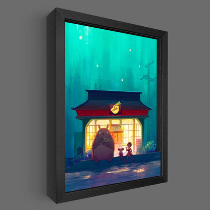 Lit LED shadowbox art of a ramen shop by Artovision, featuring detailed Japanese ramen shop scene illuminated from the left.