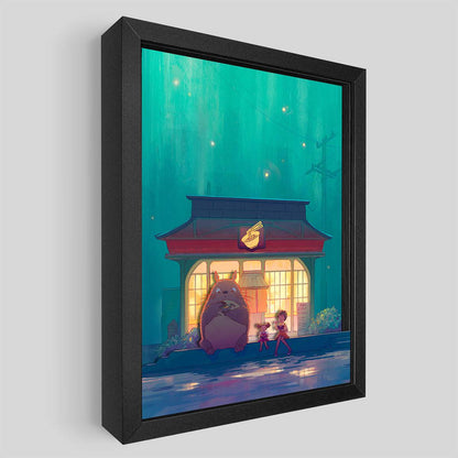 LED shadowbox art featuring ramen shop scene by Artovision, with vibrant neon-style lighting and detailed ramen shop design.