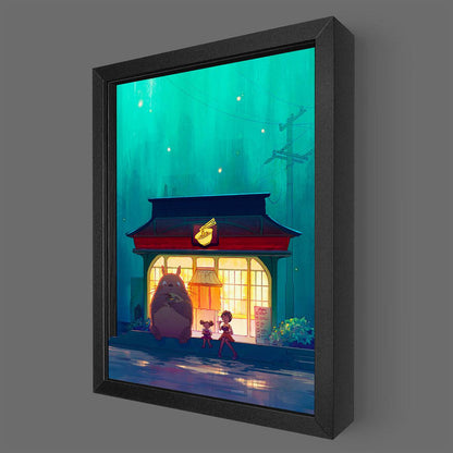 Lit LED shadowbox art of a ramen shop by Artovision, featuring detailed ramen bowl and shop scene in a vibrant display.