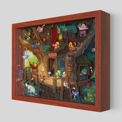 Shadowbox art featuring a creature collecting treehouse by Artovision with detailed miniature scene and natural woodland background.