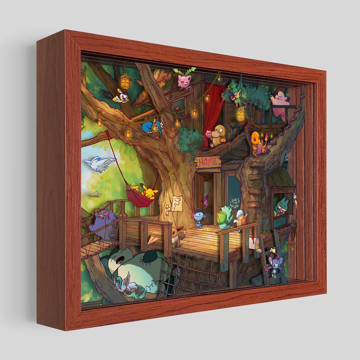 Shadowbox art featuring a creature collecting treehouse with detailed design by Artovision, shown from the right side.