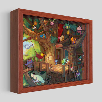 Shadowbox art featuring a creature collecting treehouse with detailed design by Artovision, shown from the right side.